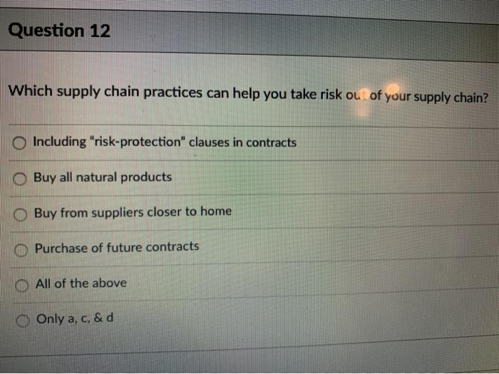 Question 12 Which supply chain practices can help