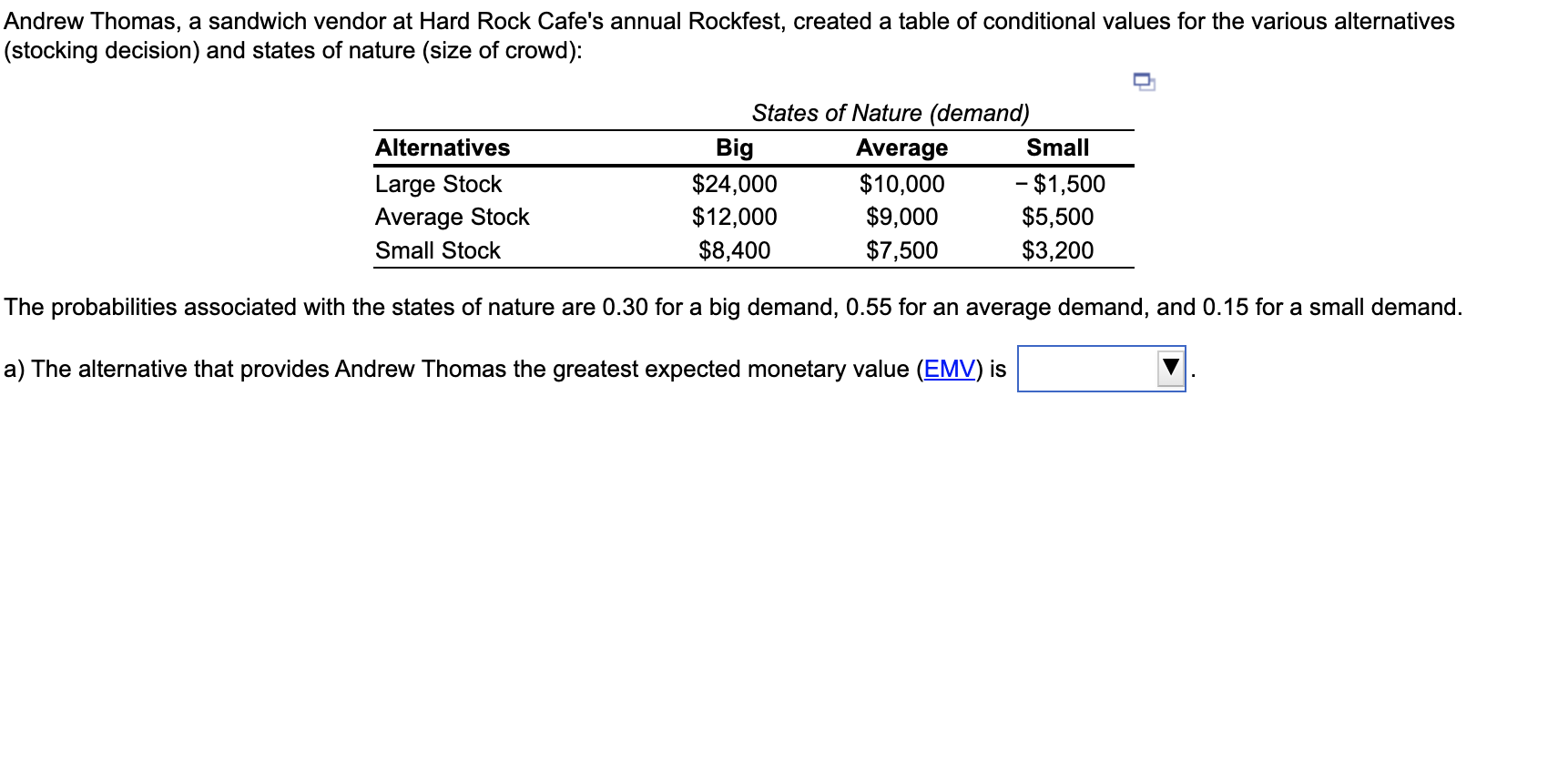 expected value for alternative of large stock =