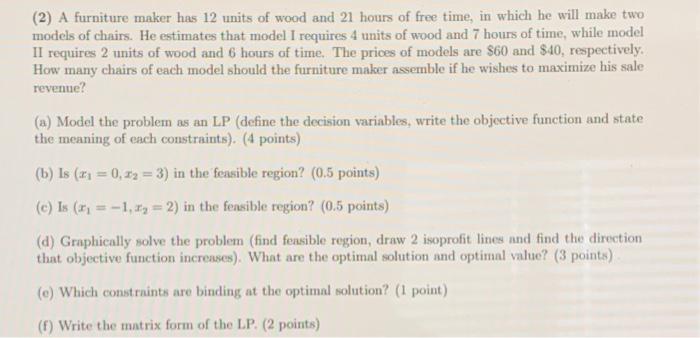 (2) A furniture maker has 12 units of wood and 21