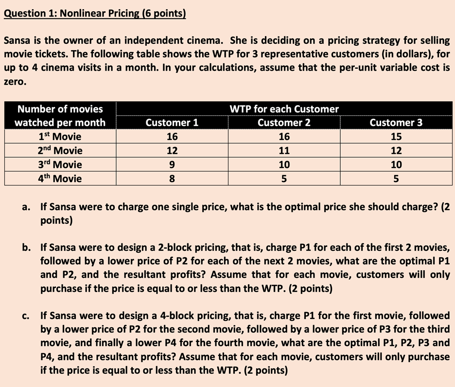 Question 1: Nonlinear Pricing (6 points) Sansa is