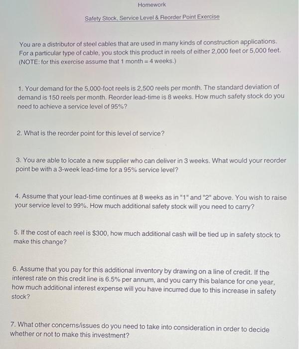 Homework Safety Stock, Service Level \& Reorder