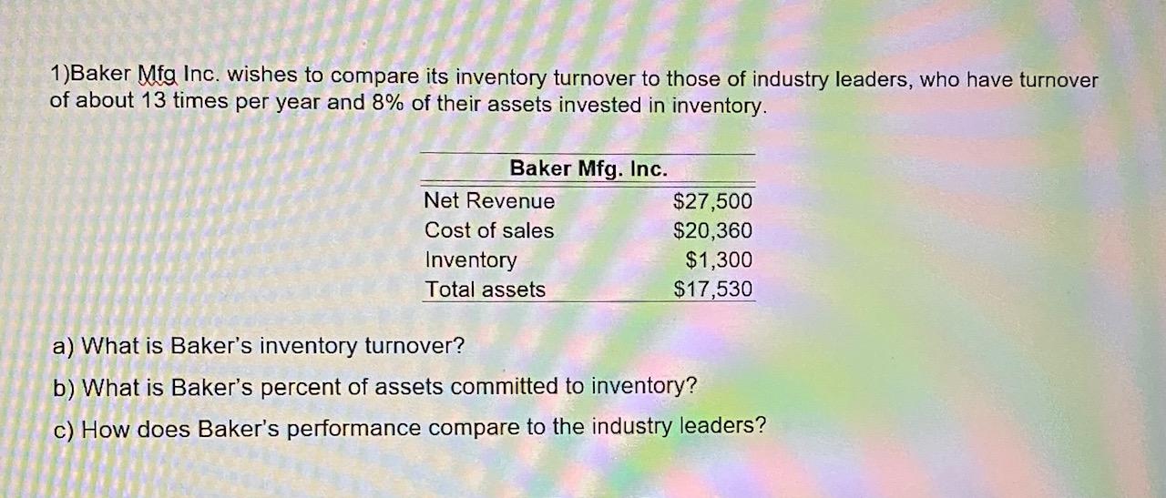 1)Baker Mfg Inc. wishes to compare its inventory