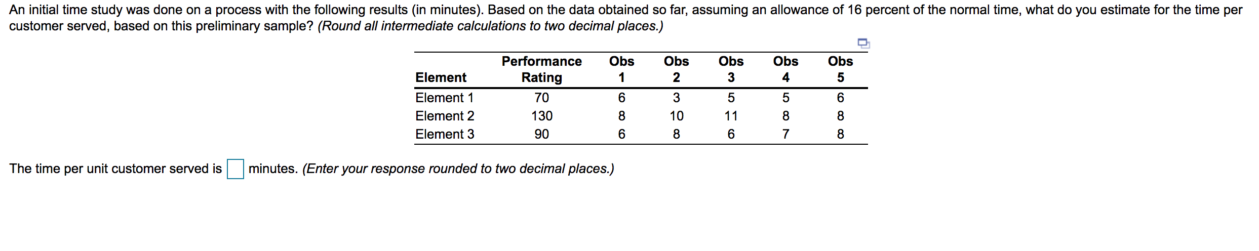 An initial time study was done on a process with
