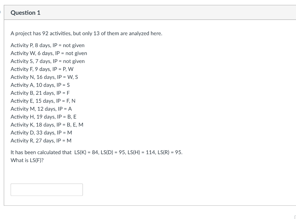 Question 1 A project has 92 activities, but only