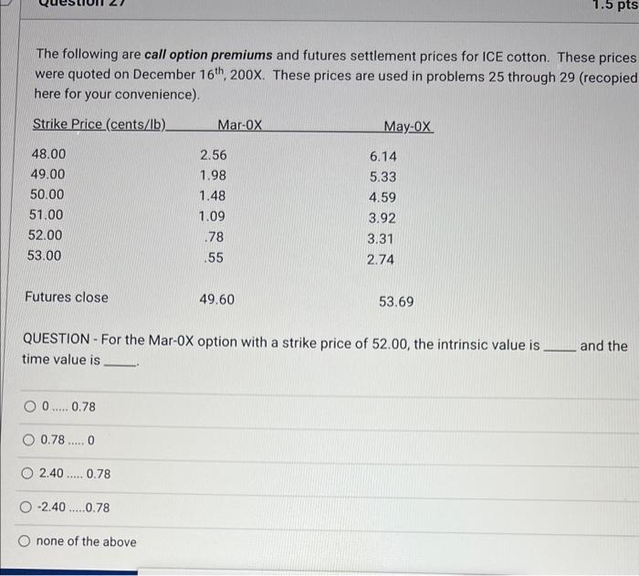 The following are call option premiums and