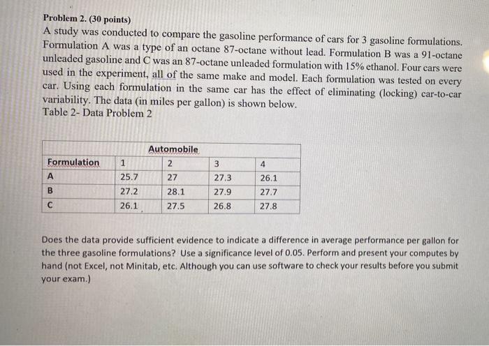 Problem 2. (30 points) A study was conducted to
