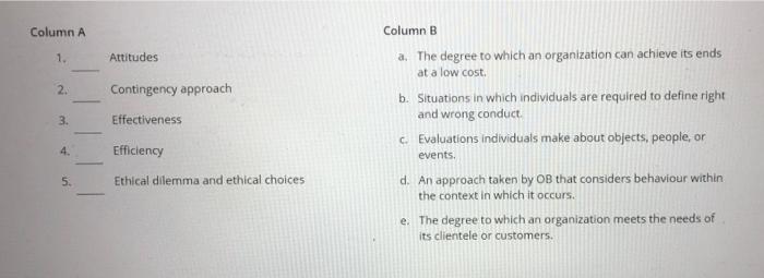 Column A 1. Attitudes 2. Contingency approach 3.