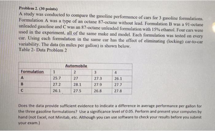 Problem 2. (30 points) A study was conducted to