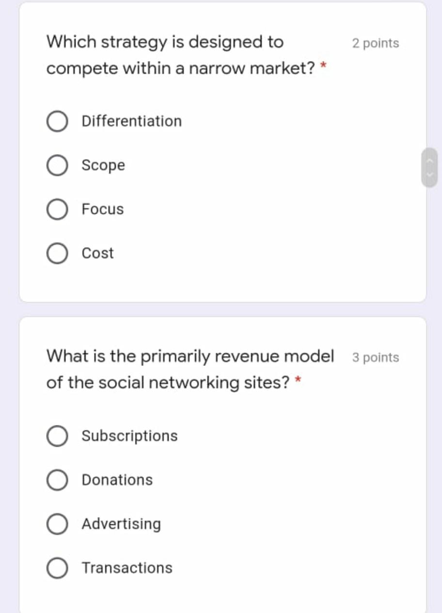2 points Which strategy is designed to compete