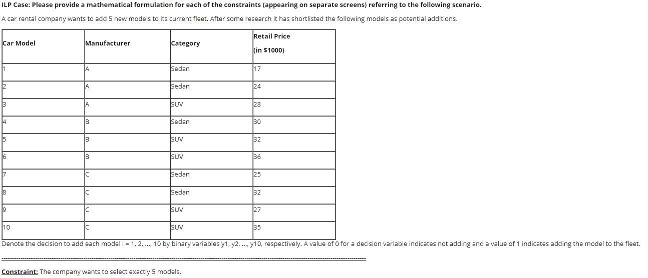 ILP Case: Please provide a mathematical