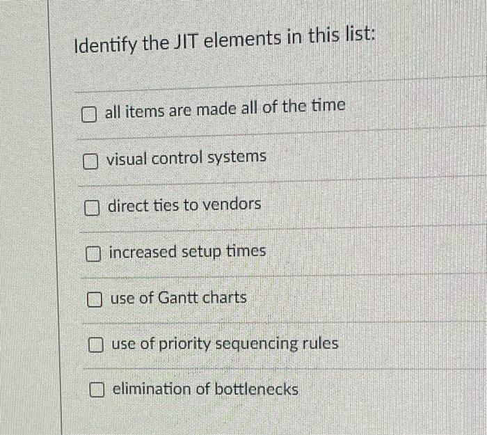 Identify the JIT elements in this list: all items
