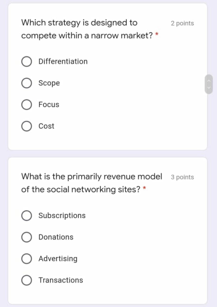 2 points Which strategy is designed to compete