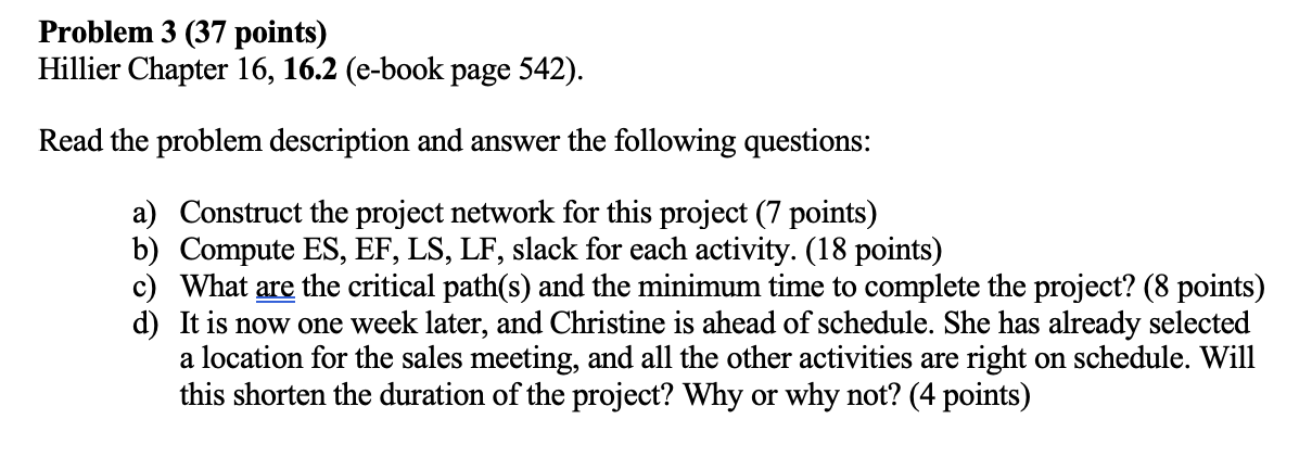 Problem 3 (37 points) Hillier Chapter 16, 16.2