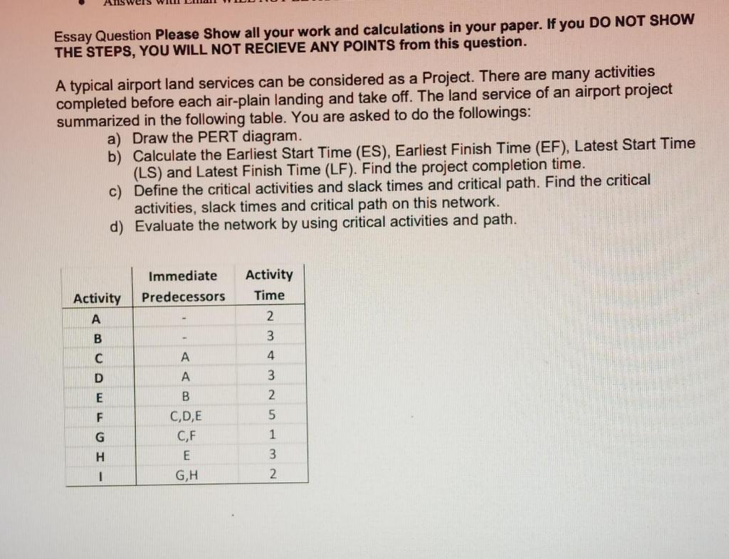 Essay Question Please Show all your work and