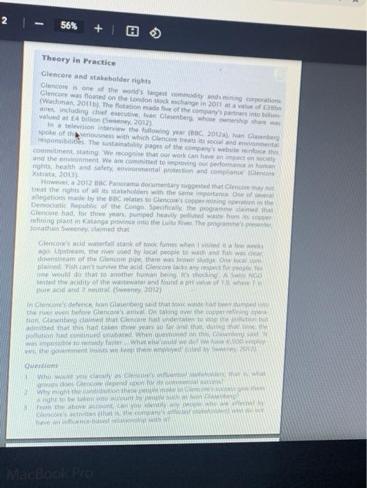 56% + Theory in Practice Glencore and stakeholder