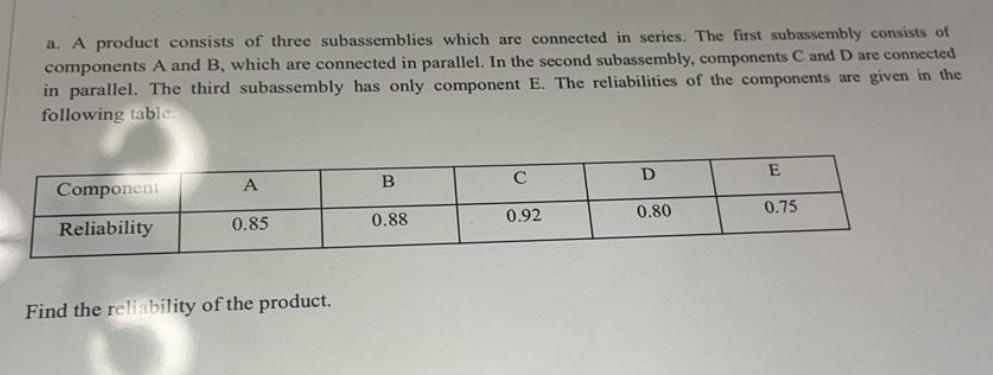 a. A product consists of three subassemblies