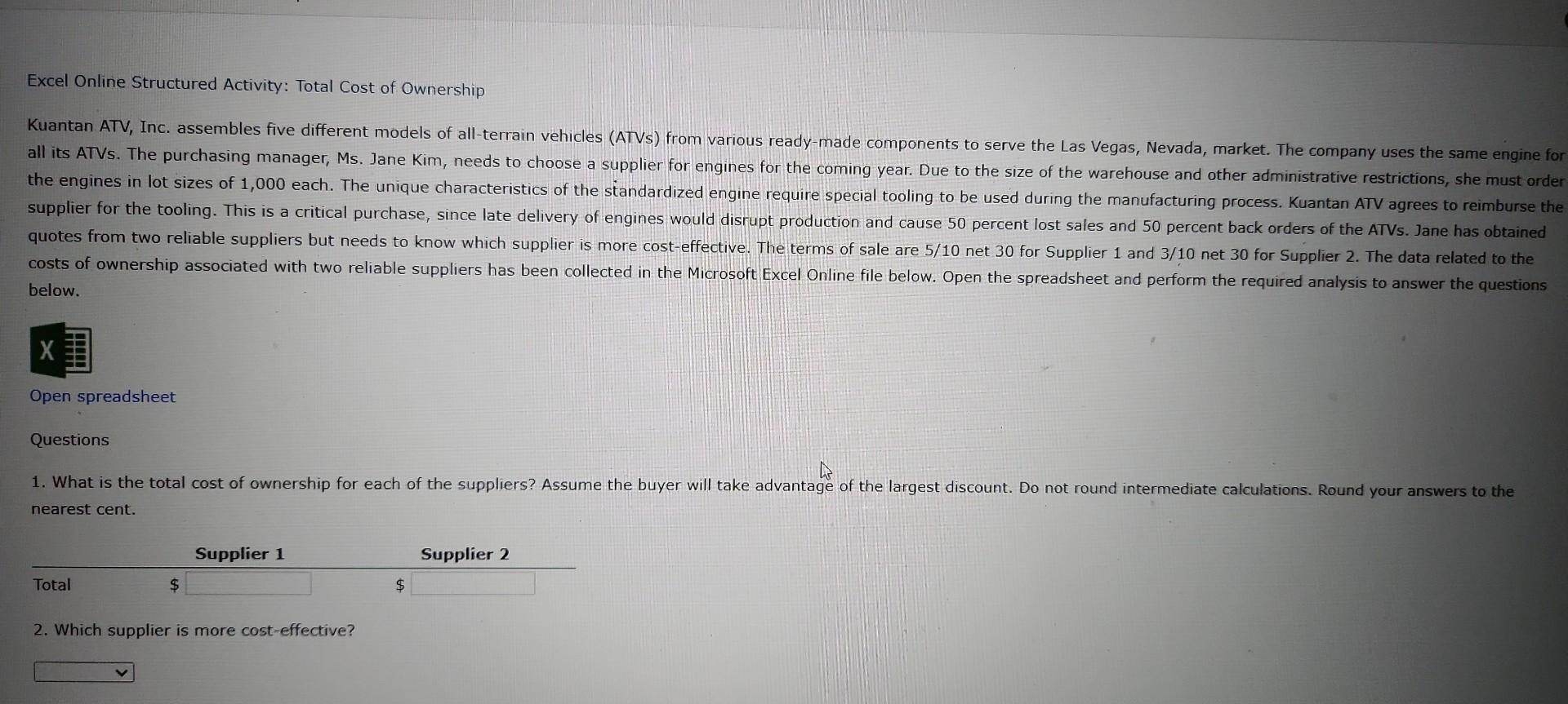 Excel Online Structured Activity: Total Cost of