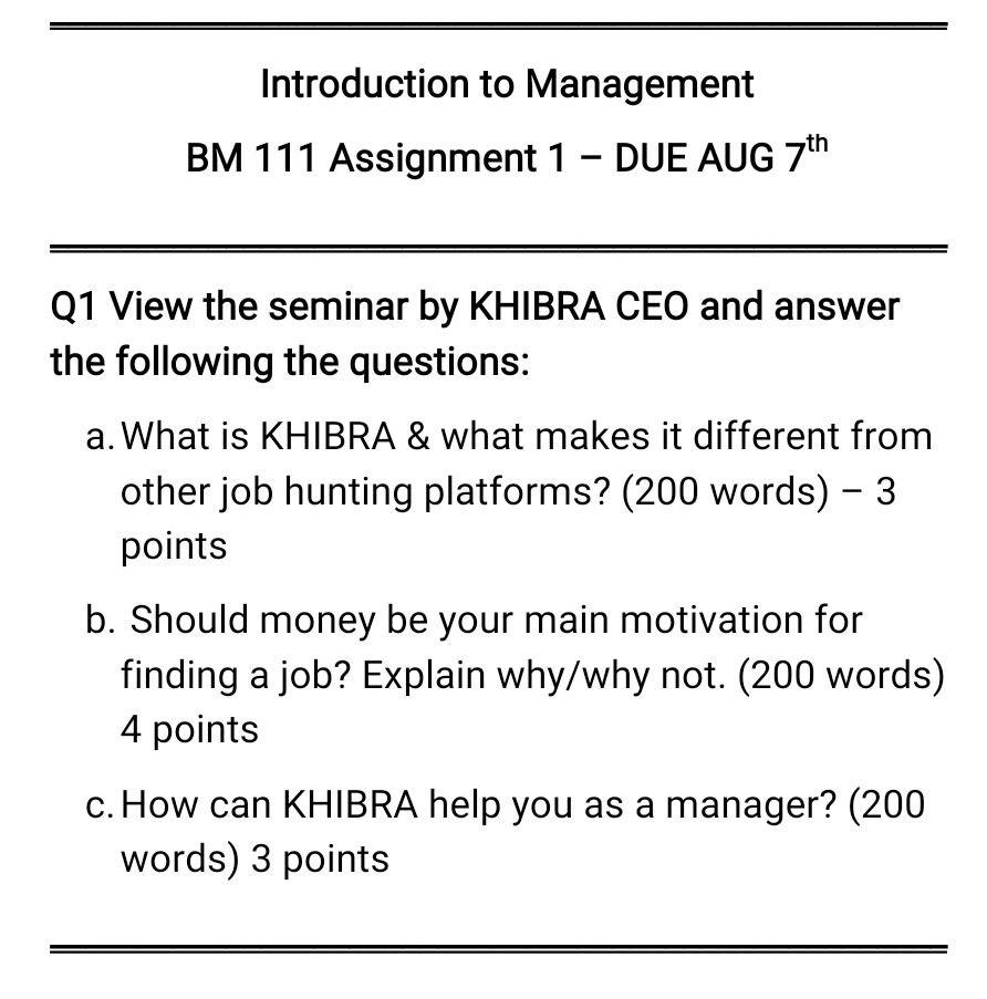 Introduction to Management BM 111 Assignment 1 -