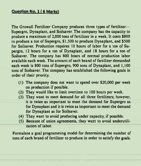 The Growall Fertilizer Company produces three