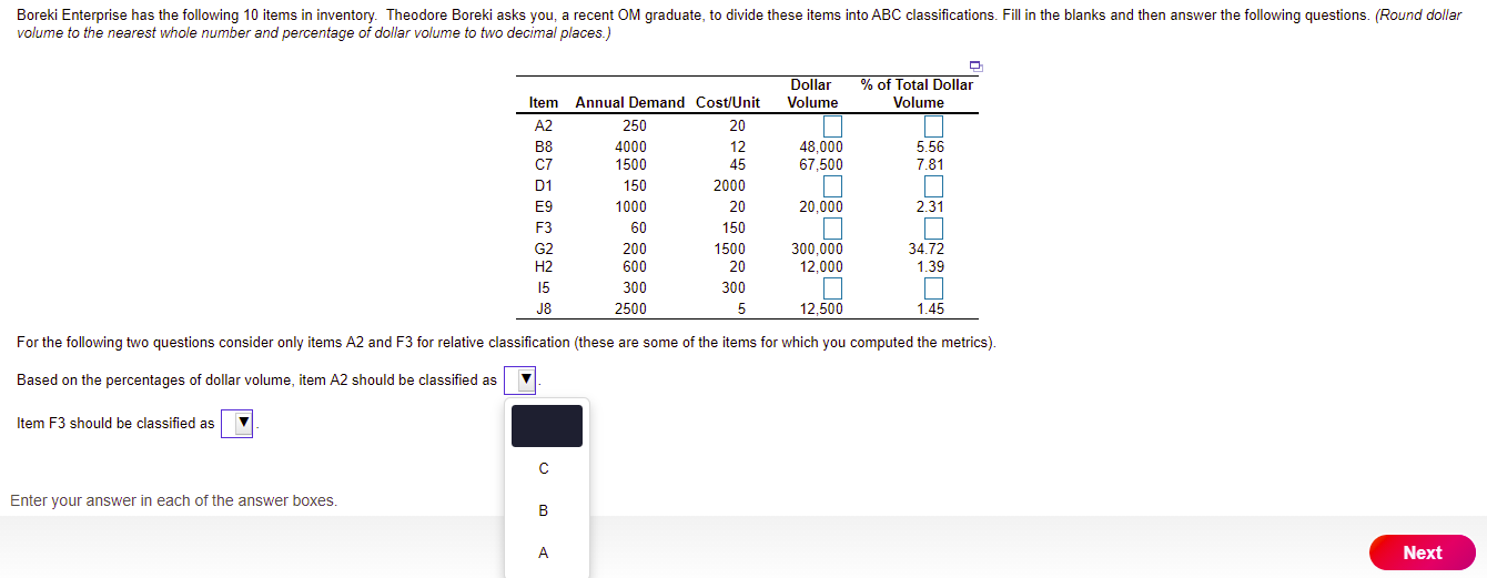 Boreki Enterprise has the following 10 items in