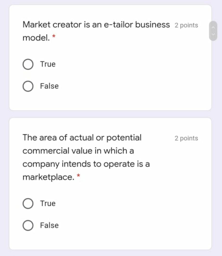 Market creator is an e-tailor business 2 points