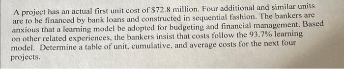A project has an actual first unit cost of $72.8