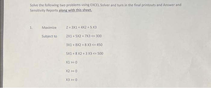 Solve the following two problems using EXCEL