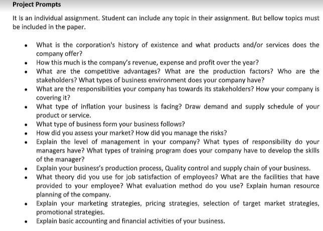 Project Prompts It is an Individual assignment.