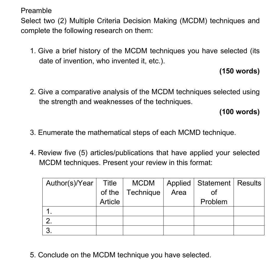 Preamble Select two (2) Multiple Criteria