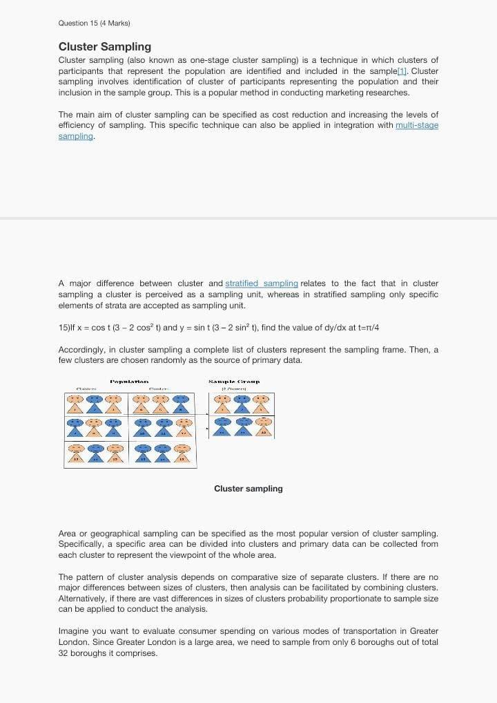 Question 15 (4 Marks) Cluster Sampling Cluster