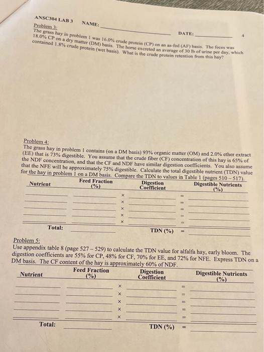 ANSC304 LAB 3 NAME: Problem 3 The grass hay in