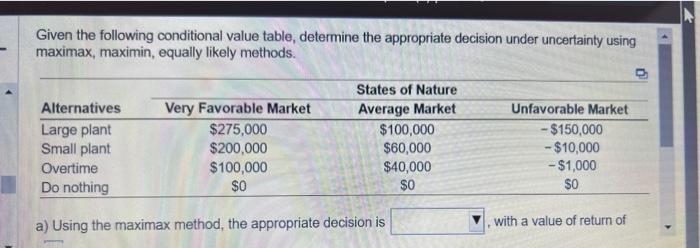 Given the following conditional value table,