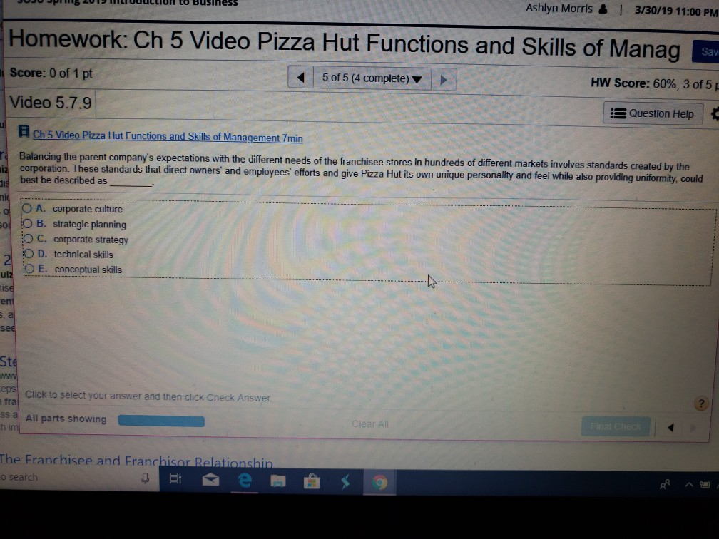 Ashlyn Morris & 1 3/30/19 11:00 PM Homework: Ch 5
