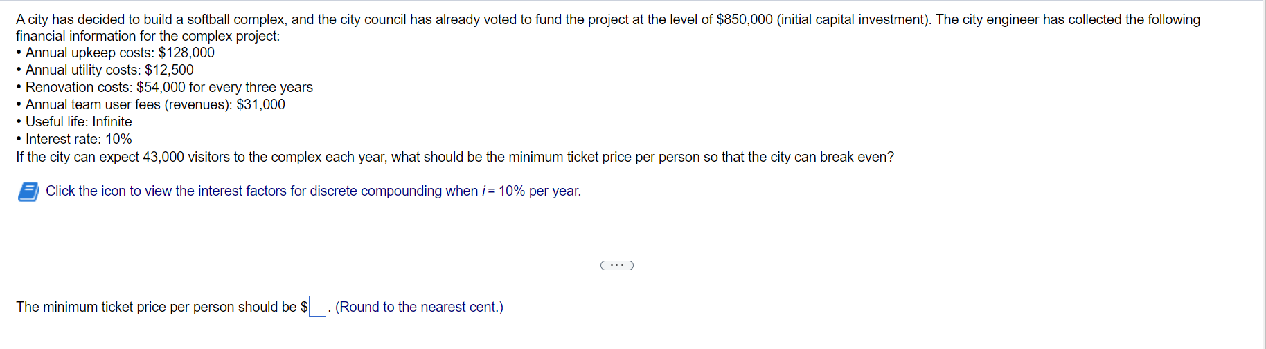 financial information for the complex project: -