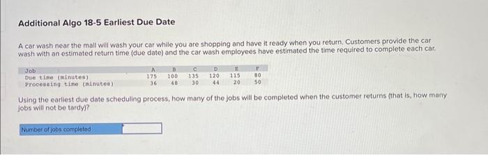 Additional Algo 18-5 Earliest Due Date A car wash
