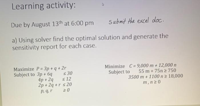 Learning activity: Submit the excel doc. Due by