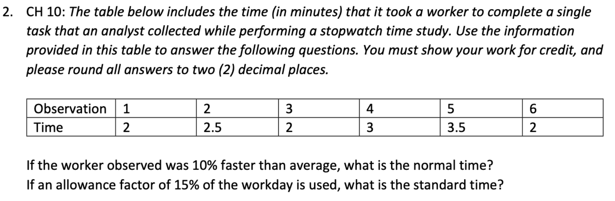 CH 10: The table below includes the time (in