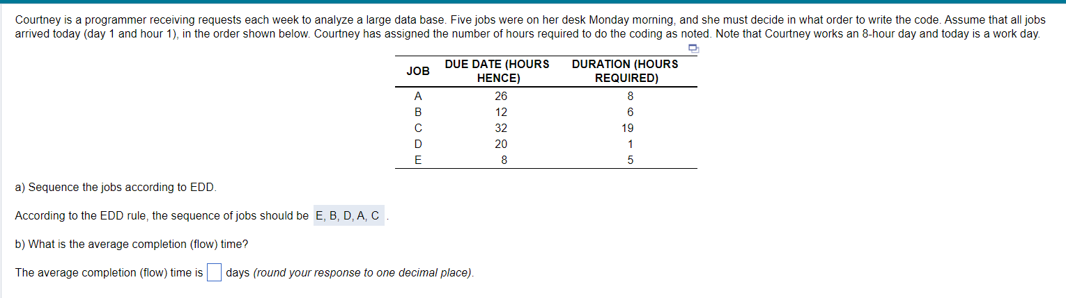 a. Sequence the jobs according to EDD? b. What is