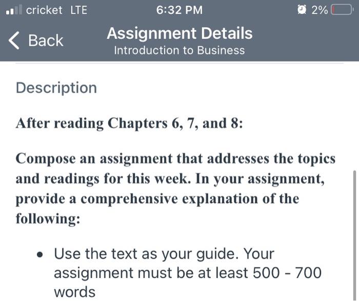 1 cricket LTE 6:32 PM 2% < Back Assignment