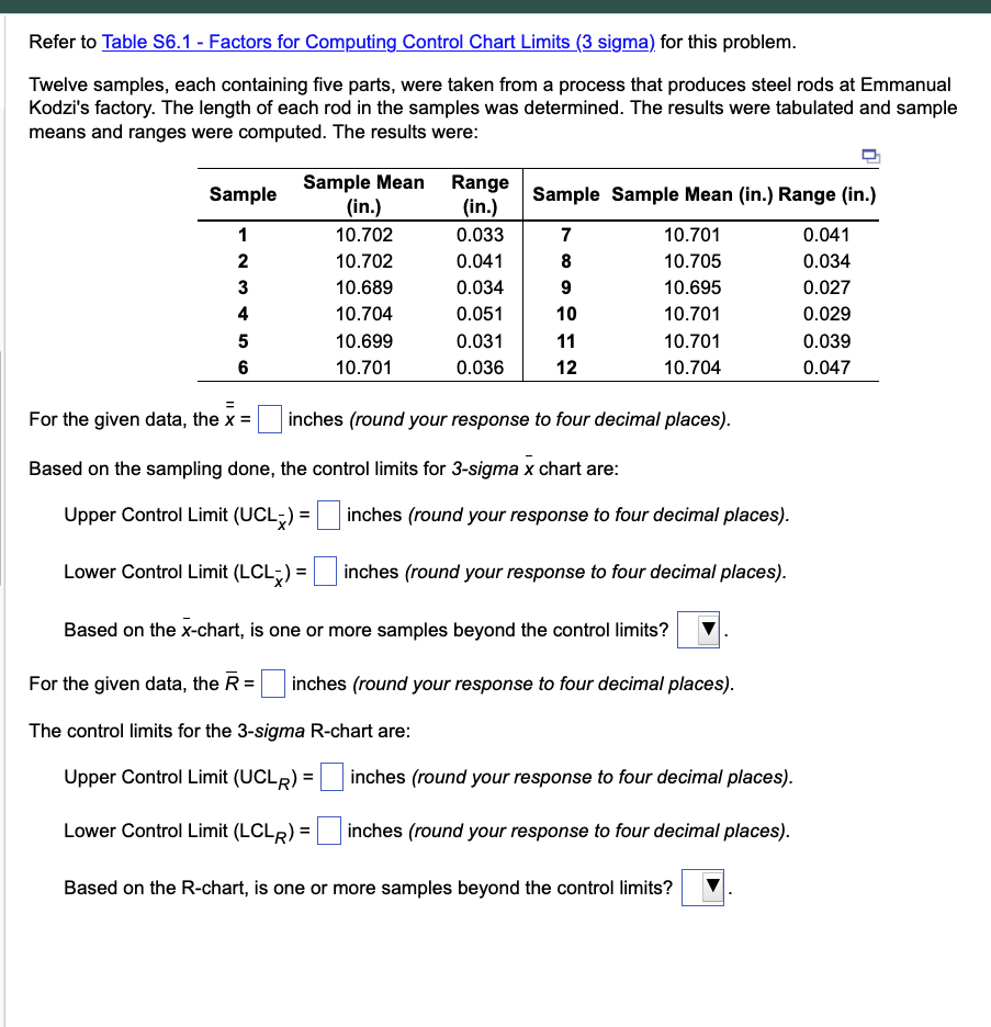 Sample Sample Mean (in.) Range (in.) Sample