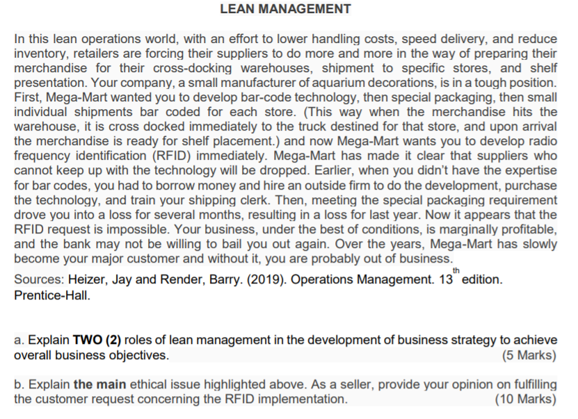 Hi, pls help LEAN MANAGEMENT In this lean