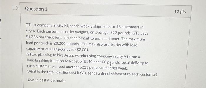 GTL, a company in city M, sends weekly shipments