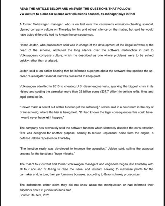 READ THE ARTICLE BELOW AND ANSWER THE QUESTIONS