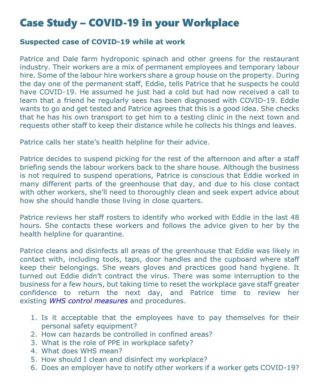 Case Study - COVID-19 in your Workplace Suspected