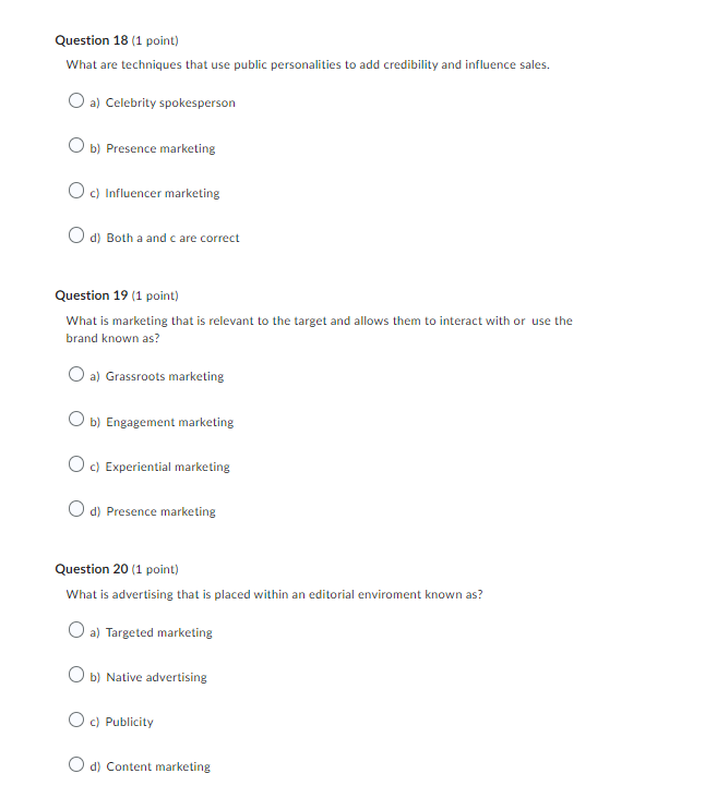 Question 18 (1 point) What are techniques that