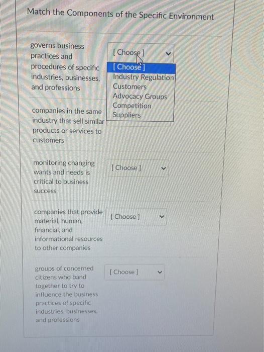 Match the Components of the Specific Environment