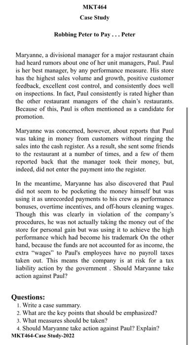 Case Study Robbing Peter to Pay ... Peter