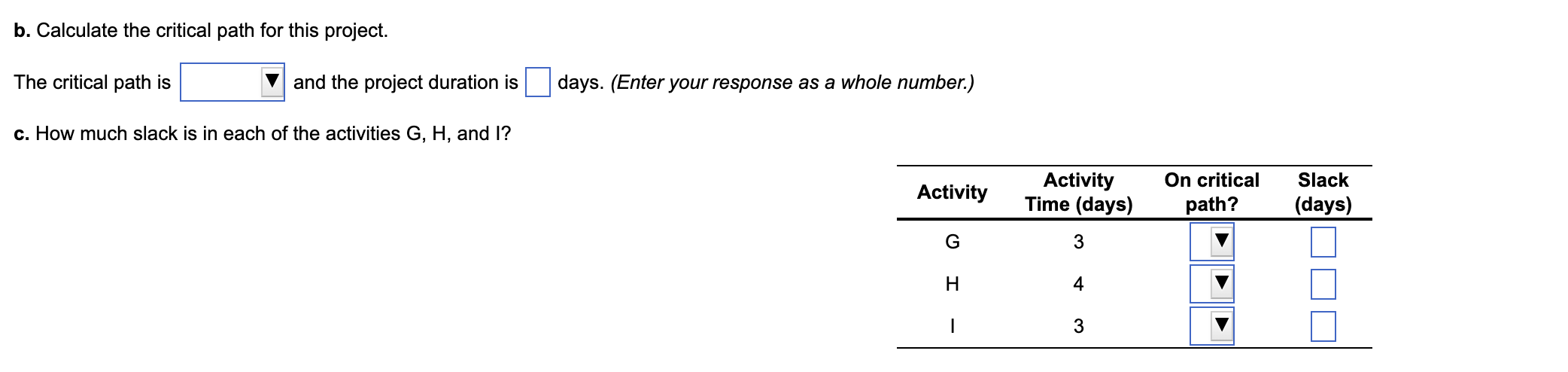 Consider the following data for a project to