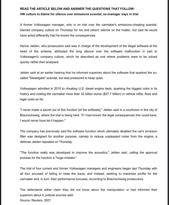 READ THE ARTICLE BELOW AND ANSWER THE QUESTIONS