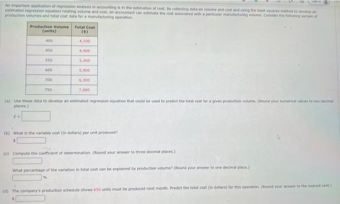 production volumes and total cost data for a